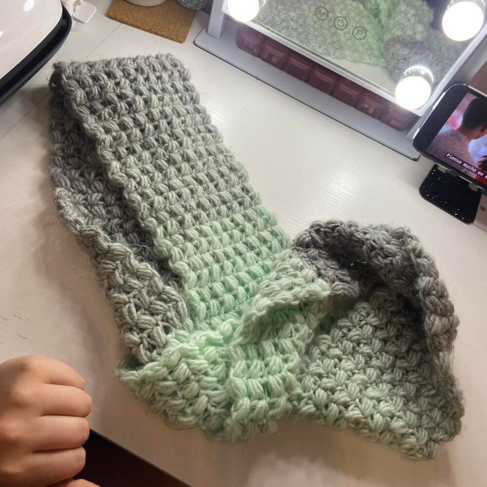 green and grey crochet scarf